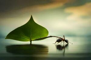 a small ant is walking on a leaf in the water. AI-Generated photo