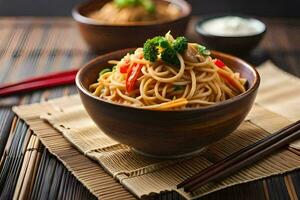 chinese noodles in a bowl with chopsticks. AI-Generated photo