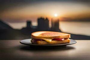 a grilled cheese sandwich on a plate with a sunset in the background. AI-Generated photo