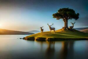 deer on an island in the middle of a lake. AI-Generated photo