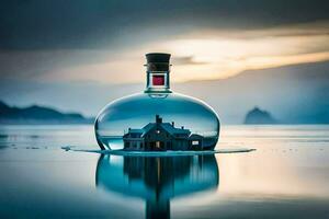 un casa en un botella en el agua. generado por ai foto
