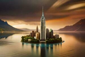 a city on an island in the middle of a lake. AI-Generated photo
