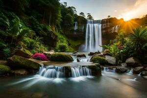 the sun rises over the waterfall in the jungle. AI-Generated photo