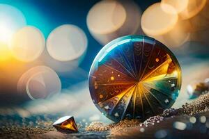 a colorful crystal ball sitting on the sand. AI-Generated photo