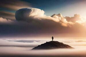 the man stands on top of the mountain, looking at the clouds and the sun. AI-Generated photo