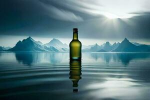 a bottle of wine is sitting on the water in front of mountains. AI-Generated photo