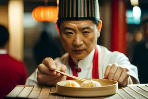 a man in a chef hat holding chopsticks over a bowl of dumplings. AI-Generated photo