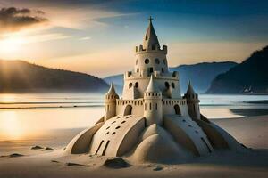 a sand castle on the beach at sunset. AI-Generated photo