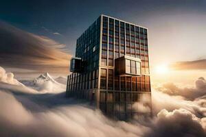 a building in the clouds with clouds above it. AI-Generated photo