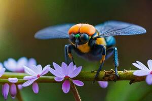 un mosca con un grande naranja cabeza sentado en un flor. generado por ai foto