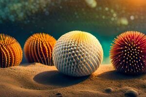 four balls of different colors on a sandy surface. AI-Generated photo