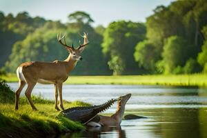un ciervo y un caimán en el agua. generado por ai foto