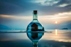 a house in a bottle floating in the water. AI-Generated photo