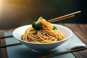 chopsticks on the bowl of noodles. AI-Generated photo