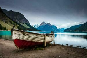 a boat sits on the shore of a lake. AI-Generated photo