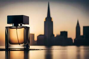 a bottle of perfume sits on the ground in front of a cityscape. AI-Generated photo