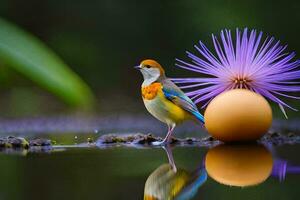 un pájaro es en pie en un flor y un huevo. generado por ai foto