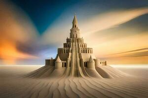 sand castle in the desert with a sunset. AI-Generated photo