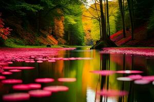 a river with pink lily pads in the middle of a forest. AI-Generated photo