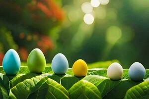 colorful easter eggs on a green leaf. AI-Generated photo