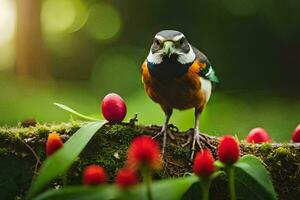 photo wallpaper bird, the forest, flowers, berries, fruit, bird, bird, bird,. AI-Generated