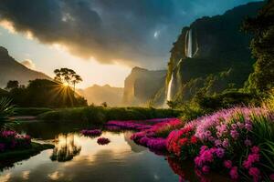 beautiful landscape with waterfall and flowers. AI-Generated photo