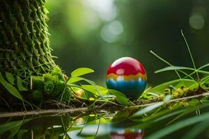 un Pascua de Resurrección huevo es sentado en el suelo cerca un árbol. generado por ai foto