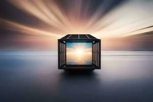 a box with a window on the ocean. AI-Generated photo