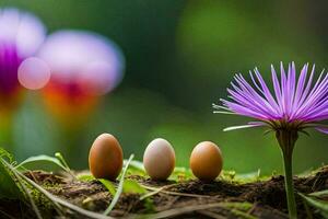 three eggs are sitting on top of a plant with purple flowers. AI-Generated photo