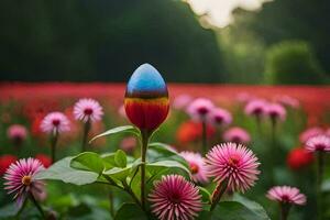 a colorful flower with a painted egg on top. AI-Generated photo