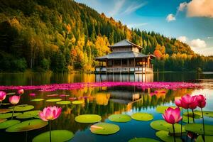 pink lotus flowers in the water and a pagoda in the background. AI-Generated photo