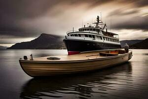 a boat is docked on the water in front of a mountain. AI-Generated photo