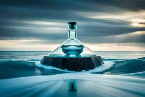 a bottle of water sitting on top of a wave. AI-Generated photo
