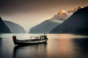 a boat sits on the water in front of mountains. AI-Generated photo