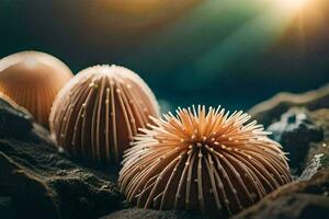 three sea anemones on a rock. AI-Generated photo