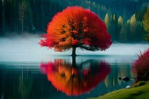 un rojo árbol es reflejado en el agua. generado por ai foto