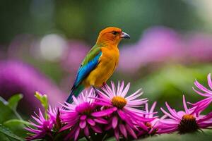 un vistoso pájaro se sienta en parte superior de púrpura flores generado por ai foto