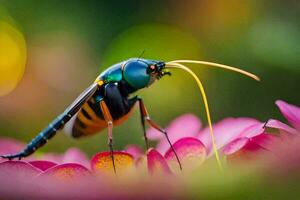 un grande insecto con un largo negro y verde cuerpo en un rosado flor. generado por ai foto