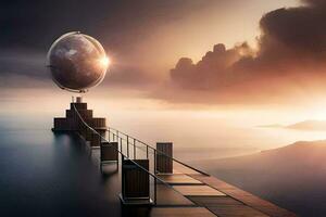 a man stands on a bridge with a globe in the sky. AI-Generated photo