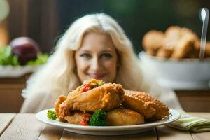 un mujer es sonriente mientras sentado a un mesa con un plato de frito pollo. generado por ai foto