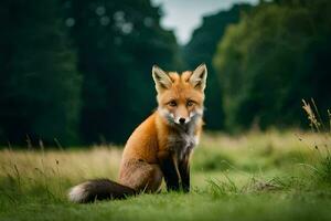 a fox sits in the grass in front of a forest. AI-Generated photo