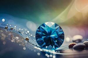 a blue diamond is sitting on a table with other stones. AI-Generated photo