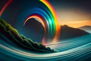 a rainbow is seen in the sky above a river. AI-Generated photo