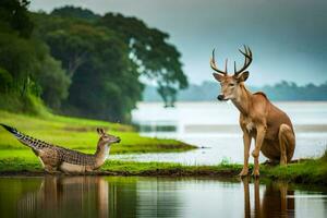 a deer and a gazelle are standing next to a body of water. AI-Generated photo