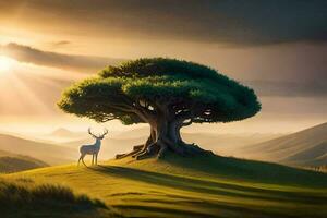 a deer stands under a tree in the middle of a field. AI-Generated photo