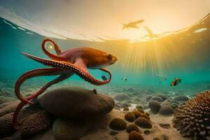 an octopus swims in the ocean with a sun shining. AI-Generated photo