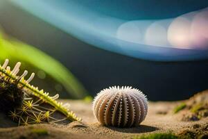 a sea urchin on the beach with a plant in the background. AI-Generated photo