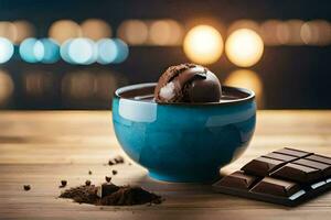 chocolate ice cream in a blue bowl with a slice of chocolate. AI-Generated photo