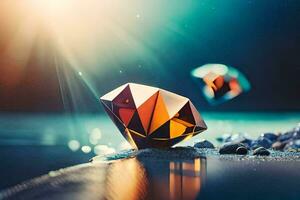 a diamond is sitting on the ground with a sun shining in the background. AI-Generated photo