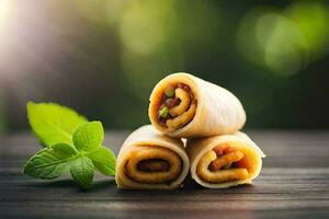 Tres rollos de comida con menta hojas en un mesa. generado por ai foto